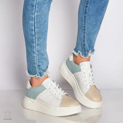 Pantofi Casual dama din Piele naturala cu talpa groasa Multicolor CRL0040ALB CU ALBASTRU