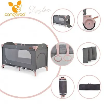 Patut Cangaroo SkyGlow Pink pliabil cu un nivel, usita cu fermoar, geanta transport, roti cu sistem de blocare