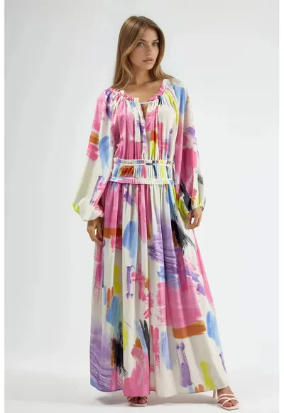 Rochie Maxi - imprimeu abstract - roz - poliester/lycra