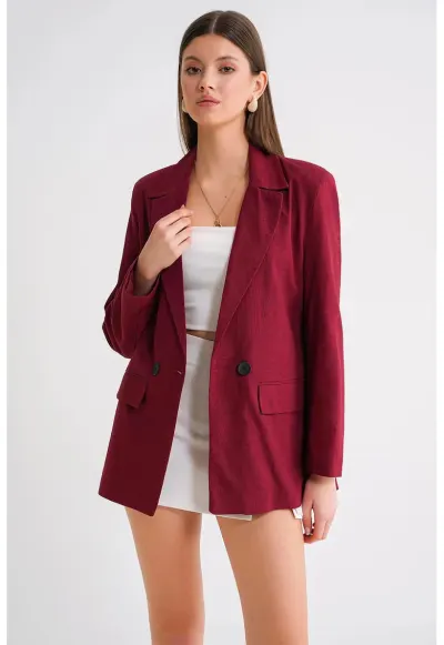 Sacou dama - blazer cu nasturi - rosu burgundy - amestec de in