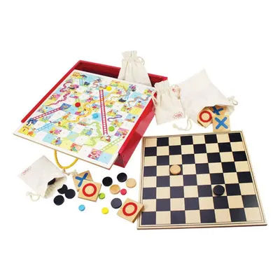 Set 4 jocuri din lemn - Tiddly Winks, Tic Tac Toe, Șerpi și scări, Dame