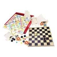 Set 4 jocuri din lemn - Tiddly Winks, Tic Tac Toe, Șerpi și scări, Dame