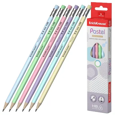 Set de creioane grafit Erich Krause Pastel - НВ, cu radiera, în cutie, 12 bucăți