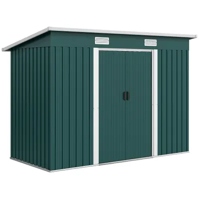 Outsunny Căsuță de Grădină 3,18m² din Oțel Zincat cu 2 Guri de Aerisire, Depozit pentru Unelte cu Uși Duble Culisante, Acoperiș Înclinat, 272x134x182 cm, Verde Întunecat | Aosom Romania