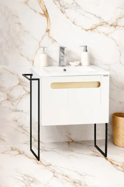 Set Baza front MDF si Lavoar seria 032, cu sertar, cadru metalic, montat, 60 cm, alb + sonoma