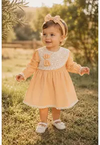 Rochie bebe fetita din muselina piersica cu dantela si bentita pentru botez aniversare