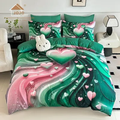 Lenjerie pat dublu, FINET, Imprimeu Digital 5D - Identic cu poza, Cu ELASTIC, 6 piese, Jojo Home, Verde, Roz, Inimioare