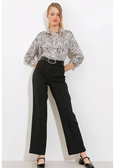 Pantaloni dama crep - talie inalta - negru - poliester