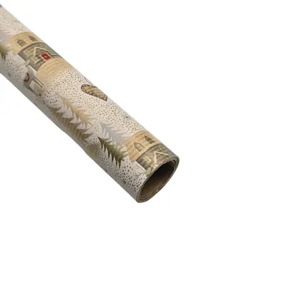 Hârtie kraft pentru ambalat cadouri, căsuța lui Moșu cu reni și inimioare, 200x70 cm