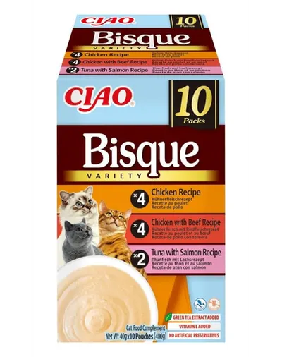 INABA Cat Ciao Bisque Variety 10×40 g Mix de supe cremă cu pui, vită și pește pentru pisici