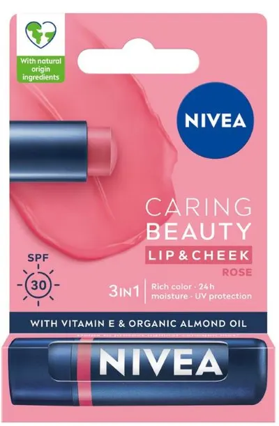 Nivea Balsam de buze Caring Beauty, Rose, SPF30, 4.8 g