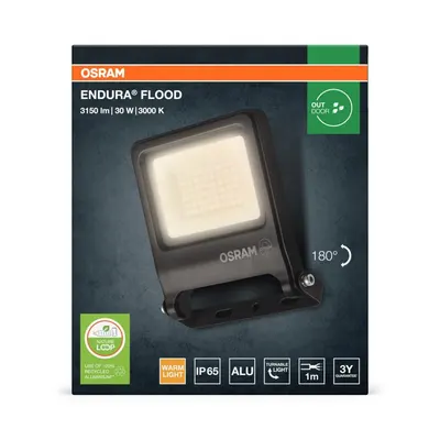 Proiector LED OSRAM ENDURA FLOOD, 30W, 220-240V, 2700 lm, lumina calda(3000K), IP65/IK06, 186x163x34mm, aluminiu, Gri