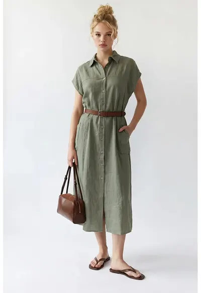 Rochie camasa Midi - verde salvie - cu curea - poliester