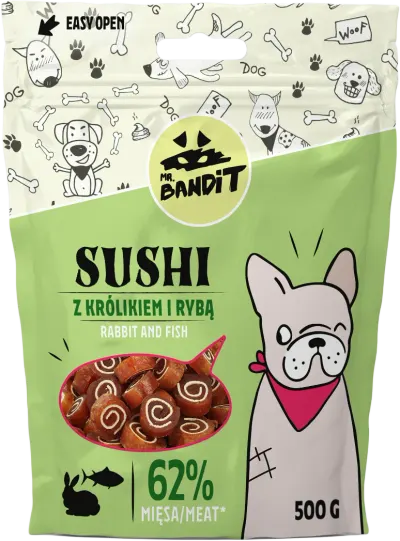 Recompense pentru caini Mr. Bandit SUSHI, iepure si peste 80g