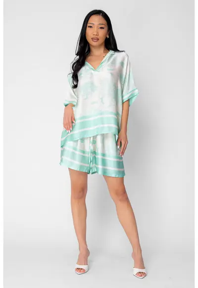 Set Shells bluza si pantalon scurt din mix matase Off White/Mint 21217 - Alb/Verde