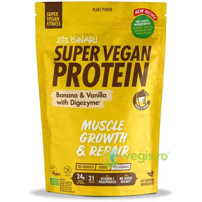 Proteina Super Vegan Potrivita dupa Efort cu Banane si Vanilie cu DigeZyme (Format Mediu) fara Gluten Ecologica/Bio 875g