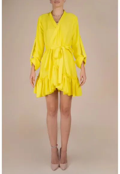 Rochie petrecuta cu mansete late si volan Yellow