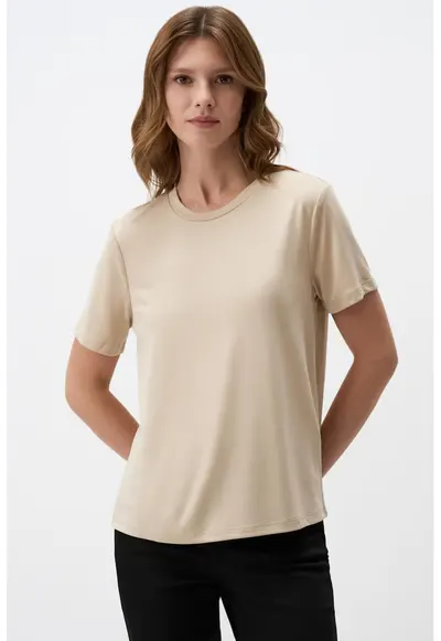 Tricou din amestec de modal cu decolteu rotund - Maro nisip