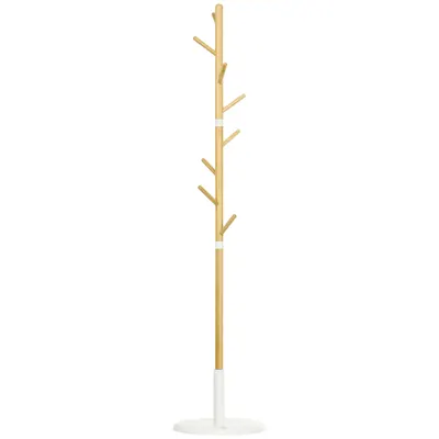 HOMCOM Cuier Vertical cu 8 Cârlige cu Bază Rotundă din Bambus, Lemn și Metal, Ø37,8x175,6 cm, Lemn Natural | Aosom Romania