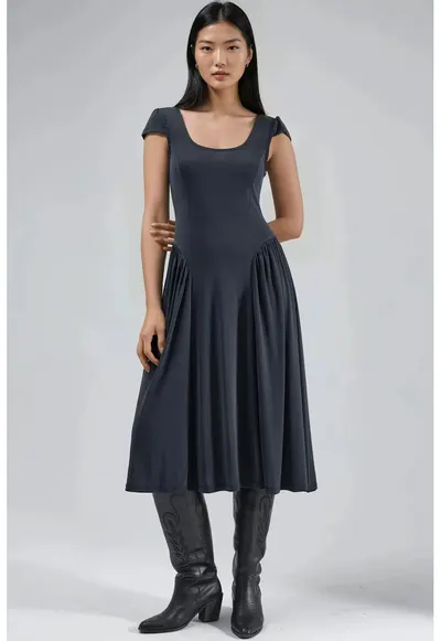 Rochie midi gri inchis - jerseu - cu guler solid si panouri