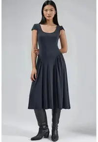 Rochie midi gri inchis - jerseu - cu guler solid si panouri