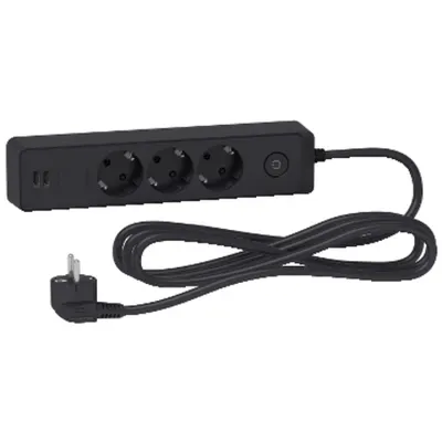 Prelungitor Unica 2P+E, 3 premii + 2 USB + intrerupator, 1.5m, alb/aluminiu