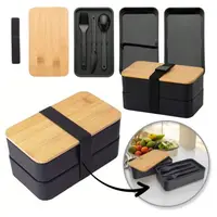 Lunch box dublu, 1.3 l, cu capac din bambus și tacâmuri incluse, 2 nivele, negru, 8.5 x 10.5 x 9.3 cm, eCarla, PJM43