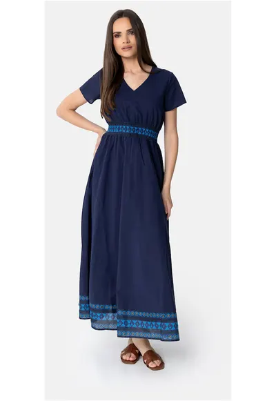 Rochie bumbac decolteu V - albastru marin - Bleumarin