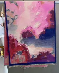 Esarfa premium din lana si vascoza cu imprimeu abstract roz, fucsia si bleumarin