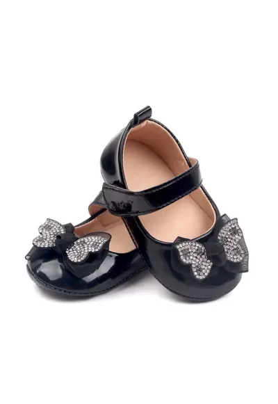 Pantofi Cu Fundita Cu Strasuri - Elegant - Piele lacuita - Fete - Velcro - Negru