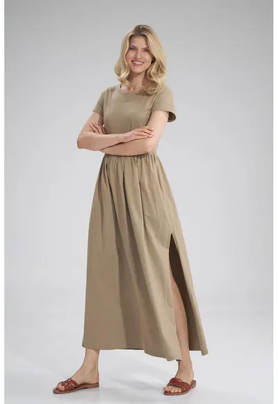 Rochie lunga - bej - cu fanta - bumbac