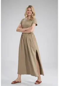 Rochie lunga - bej - cu fanta - bumbac