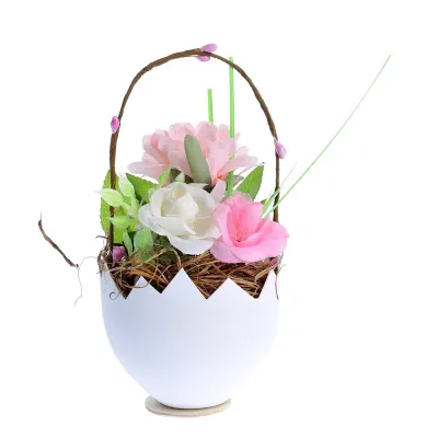 Cos decorativ in forma de ou cu flori roz 16 cm