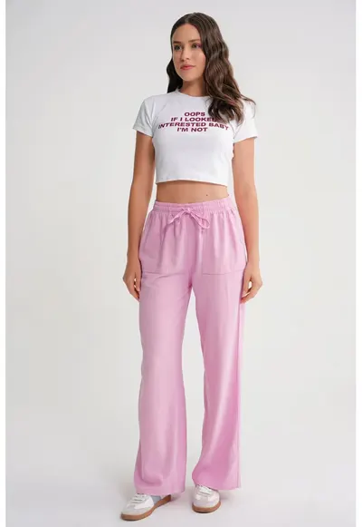 Pantaloni dama HiCCUP - lungi - talie elastica - roz pudrat - textil