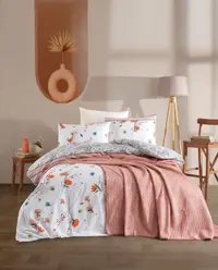Set de lenjerie de pat din 4 piese cu pătură Rakla - Orange, bumbac ranforce