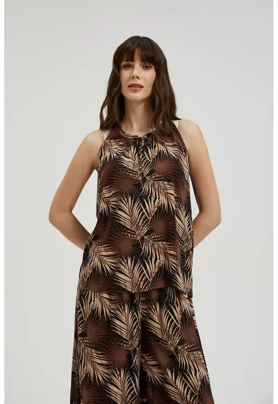 Camasa neagra cu imprimeu tropical si decolteu legat - Negru