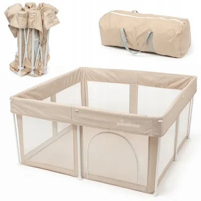 Tarc de joaca copii, Primabobo, Tina, 127 x 127 cm, Pliere compacta, Din plasa, Cu intrare laterala, Pentru interior si exterior, Include geanta transport, EN12227, Bej
