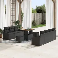 Gossi set de canapea de gradina de 10 piese cu perne negru poliratan acacia, Gossi canapea de gradina de 2 locuri cu depozit si perne negru poliratan, Gossi set de dining de gradina de 3 piese cu perne negru poliratan acacia