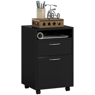 HOMCOM Dulap Mobil cu 4 Roți (2 cu Frână), Raft și 2 Sertare pentru Documente, PAL și Metal, 40x35x60 cm, Negru | Aosom Romania