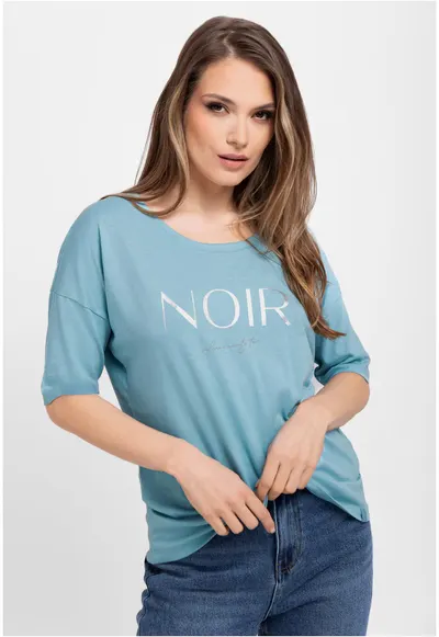 Tricou oversize pentru femei T-Icon - turcoaz cu imprimeu