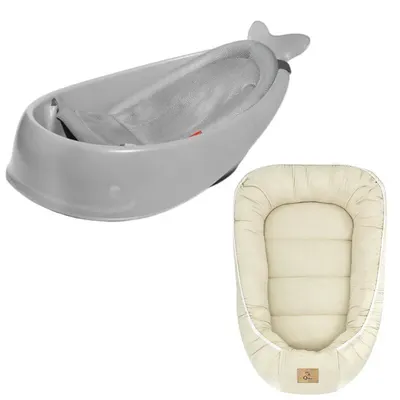 Set Cadita inteligenta, Skip Hop, Pentru 3 etape de crestere, Gri si cosulet bebelus, Qmini, 55 x 75 cm, Husa 100% muselina dubla, Beige