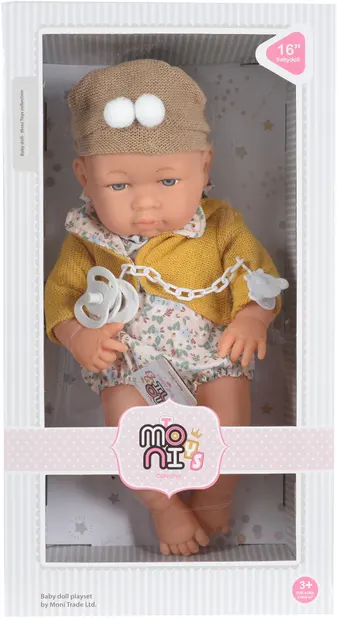 Păpuşă Moni Toys - Cu vesta galbena si suzeta, 41 cm