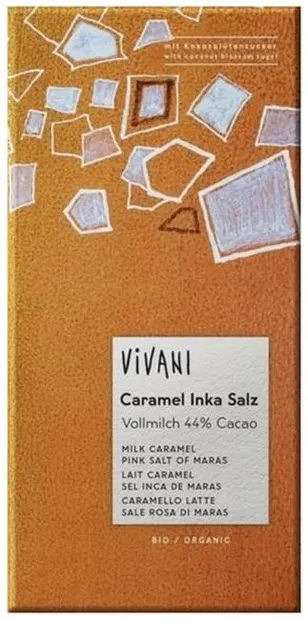 Ciocolată cu lapte organică cu chipsuri de caramel și sare roz, 80 g, Vivani
