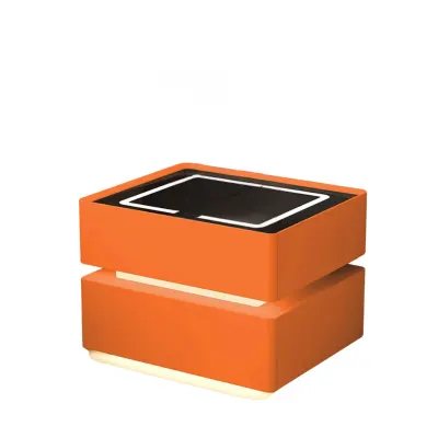 Noptiera inteligenta cu incarcare wireless, iluminare LED, 2 sertare de depozitare &ndash; portocalie, design modern din sticla si lemn
