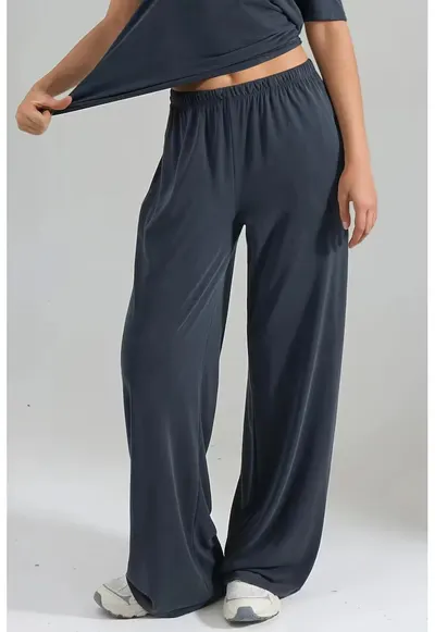 Pantaloni dama talie elastica - picior drept - gri - textil