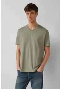 Tricou regular-fit cu decolteu in V - Verde feriga