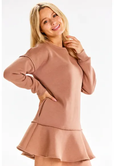 Rochie-hanorac din bumbac cu volan - Bej