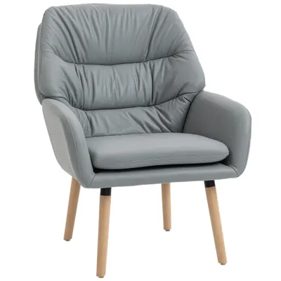 Scaun Decorativ Modern HOMCOM, Fotoliu Tapitat cu Leathaire cu Dublu Strat de Umplutură, Cadru de Oțel și Picioare de Lemn de Cauciuc pentru Sufragerie, Dormitor, Gri | Aosom Romania
