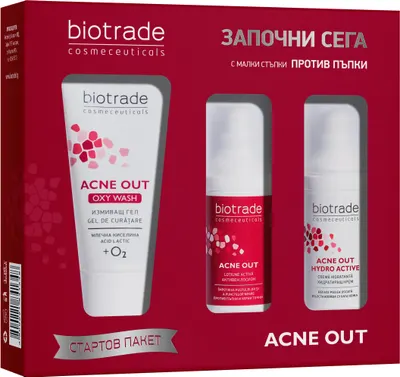 Biotrade Acne Out Set - Loțiune activă, cremă hidratantă, gel de curățare, 2 х 20 + 50 ml (Limitat)