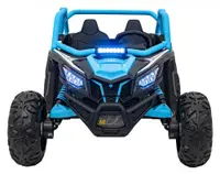 Masinuta electrica pentru copii SR SUPER 66 Blue, 4 motoare de 75W, baterie 24V7Ah, 3 viteze, telecomanda 2.4 GHz, scaun dublu din piele ecologica, radio FM, MP3, Bluetooth, port USB, lumini LED, deschidere usi